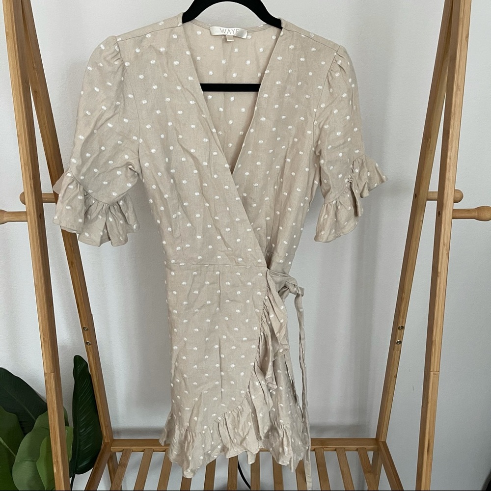 Tan polka dot WAYF wrap dress